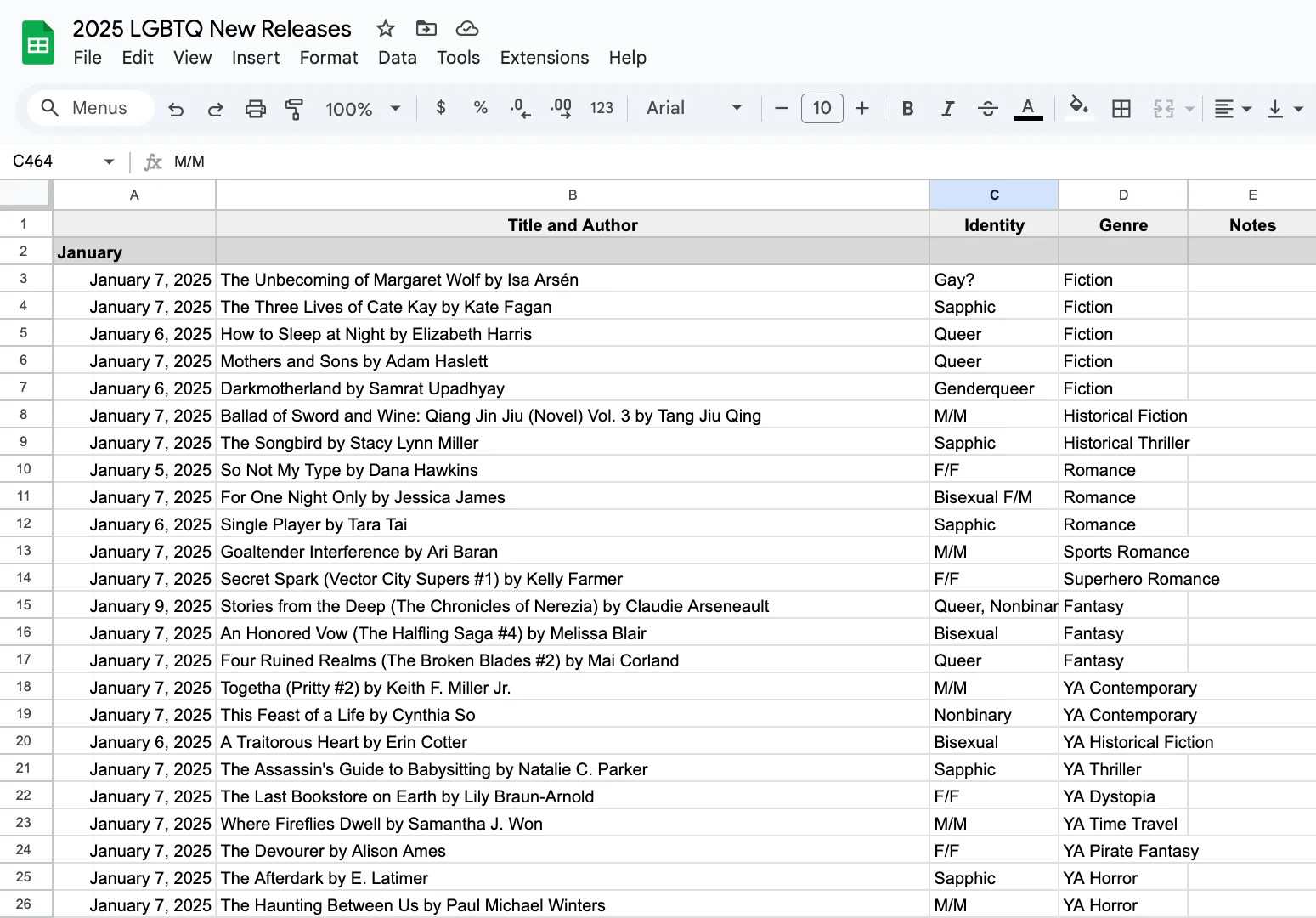 a spreadsheet of upcoming queer books with genre and representation